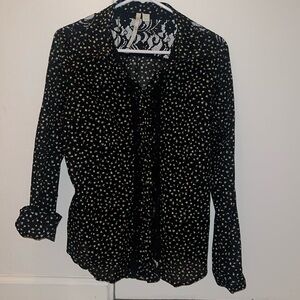 Black Collared Button Down with Floral Print and Lace Details